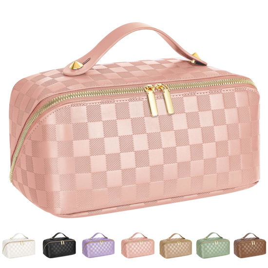 Picture of ALEXTINA Travel Makeup Bag, Vegan Leather Large Capacity Cosmetic Bags for Women,Waterproof Portable Pouch Open Flat Toiletry Bag Makeup Bag Organizer with Fixed Divider, Pink
