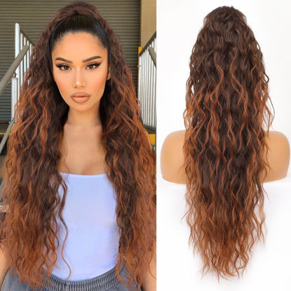 Picture of ORSUNCER Ponytail Extension Claw 30" Curly Pony Tail Clip in Claw Hair Extensions Fluffy Natural Looking Synthetic Hairpiece for Women Omber Almand Brown