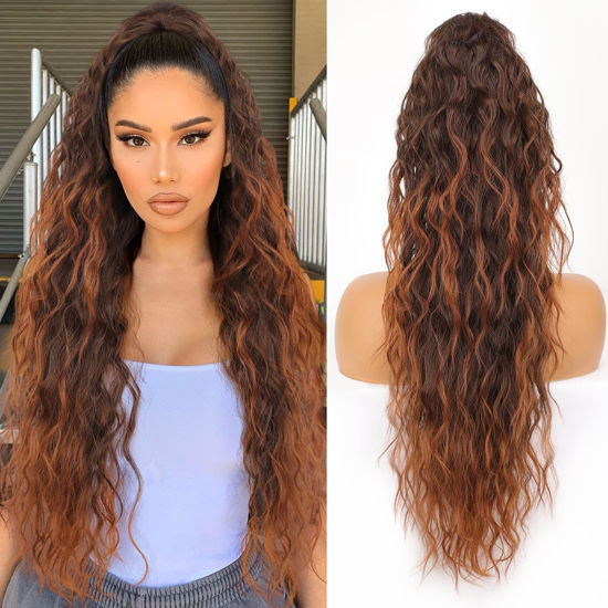 Picture of ORSUNCER Ponytail Extension Claw 30" Curly Pony Tail Clip in Claw Hair Extensions Fluffy Natural Looking Synthetic Hairpiece for Women Omber Almand Brown