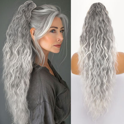 Picture of ORSUNCER Ponytail Extension Claw 26" Curly Pony Tail Clip in Claw Hair Extensions Fluffy Natural Looking Synthetic Hairpiece for Women Omber Grey