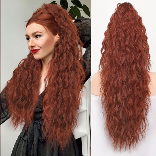 Picture of ORSUNCER Ponytail Extension Claw 30" Curly Pony Tail Clip in Claw Hair Extensions Fluffy Natural Looking Synthetic Hairpiece for Women Reddish Orange
