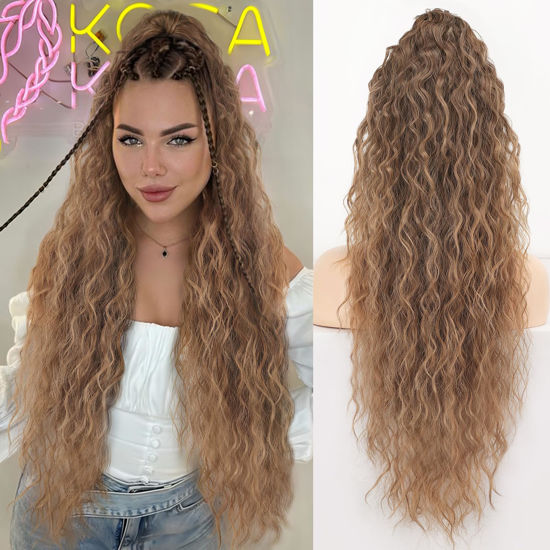 Picture of ORSUNCER Ponytail Extension Claw 30" Curly Pony Tail Clip in Claw Hair Extensions Fluffy Natural Looking Synthetic Hairpiece for Women Omber Brown