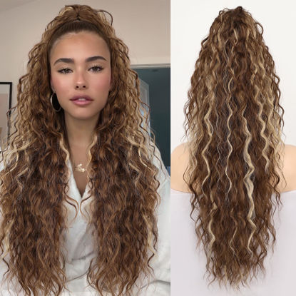 Picture of ORSUNCER Ponytail Extension Claw 30" Curly Pony Tail Clip in Claw Hair Extensions Fluffy Natural Looking Synthetic Hairpiece for Women Light Brown Highlight