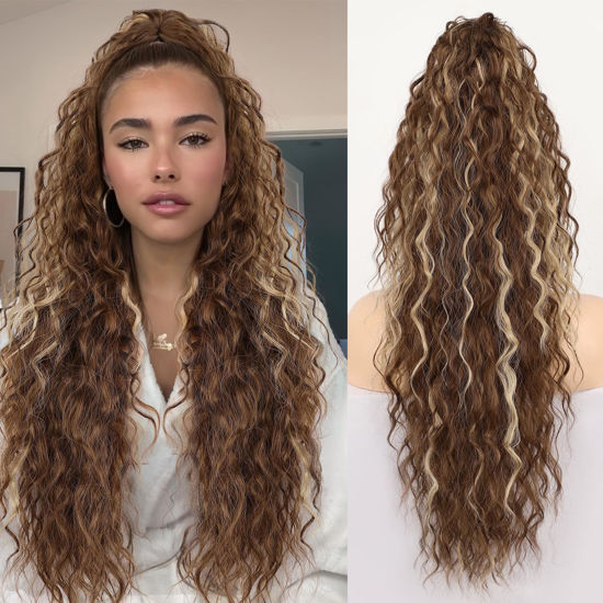 Picture of ORSUNCER Ponytail Extension Claw 30" Curly Pony Tail Clip in Claw Hair Extensions Fluffy Natural Looking Synthetic Hairpiece for Women Light Brown Highlight