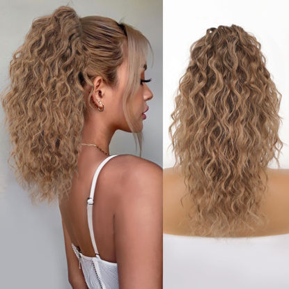 Picture of ORSUNCER Ponytail Extension Claw 18" Curly Pony Tail Clip in Claw Hair Extensions Fluffy Natural Looking Synthetic Hairpiece for Women Omber Brown