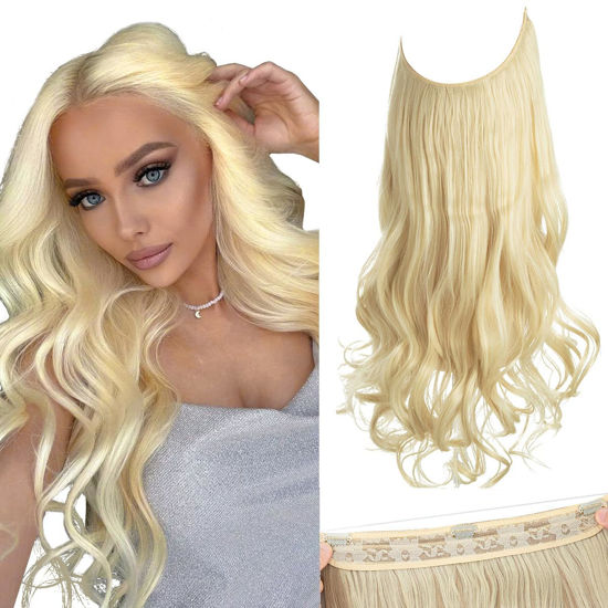 Picture of SARLA Invisible Wire Hair Extensions with 3 Clips Long Synthetic Wavy Curly Hairpiece Adjustable Transparent Headband for Women 18 Inch Beach Blonde