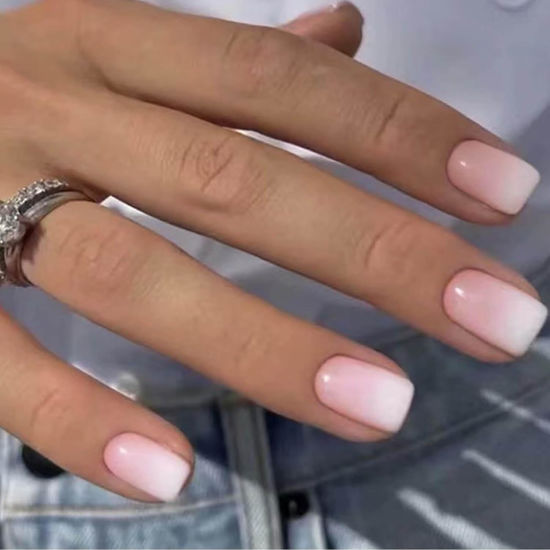 Picture of Press on Nails Short Square Acrylic Fake Nails with Apricot Design Full Cover False Nails Glossy Nude Glue on Nails Artificial Stick on Nails for Women 24Pcs (Beige White Pink)