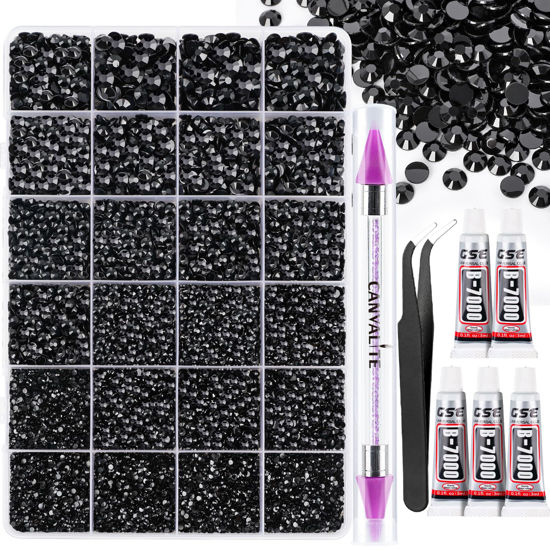 Picture of Canvalite 28000PCS Resin Jelly Rhinestones for Crafting, Black Flatback Gems, Bedazzling Crystal with 5x2.5g B7000 Jewelry Glue and Tweezers Dotting pen for DIY Crafts Clothing Shoes Nail Art