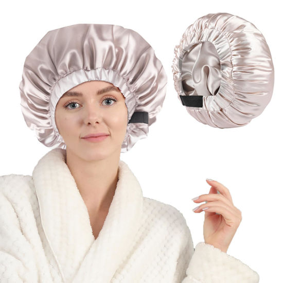 Picture of Years calm Silk Bonnet for Sleeping Women, Double Layer Soft Ajustable Elasticity Band Satin Bonnet for Sleeping Hair - Sleep Shower Caps (Silvery)