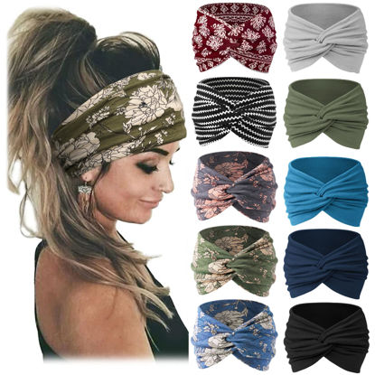 Picture of Jesries 10 PCS Women Headbands African Wide Hair Wrap Extra Turban Head Bands for Lady Large Sport Workout Stretch Non-slip Big Hair Bands