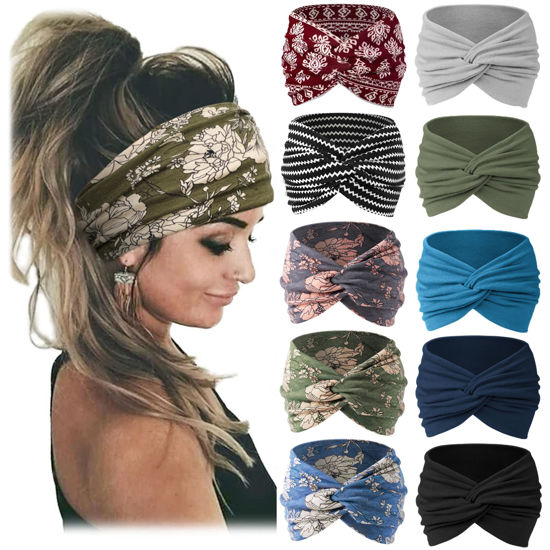 Picture of Jesries 10 PCS Women Headbands African Wide Hair Wrap Extra Turban Head Bands for Lady Large Sport Workout Stretch Non-slip Big Hair Bands