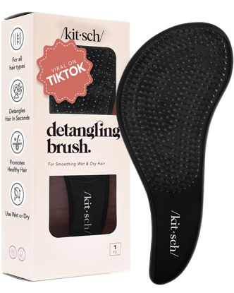 Picture of Kitsch Detangler Brush for Curly or Straight, Wet and Dry Hair - No Pain Detangling Brush with Flexible Bristles for Adults and Kids, Ideal for Shower and Travel, Valentines Gift For Her - Black