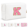Picture of Small Personalized Initial A-Z Patch Makeup Bag,White Cute PU Leather Glitter Letter Cosmetic Bag for Teen Girls,Travel Toiletry Bag with Zipper,Preppy Monogrammed Birthday Gift for Daughter Niece K
