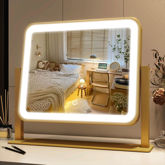 Picture of FENNIO Vanity Mirror with Lights 14"×12" Makeup Mirror with Lights,Lighted Vanity Mirror Tabletop,Smart Touch with 3-Color Lighting,Dimmable,for Vanity Desk Tabletop（Gold）