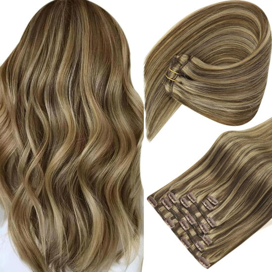Picture of Sunny Hair Clip in Hair Extensions Straight Human Hair Clip in Extensions Remy Clip in Hair Extensions Real Human Hair Extensions Clip ins Highlights Dark Brown with Caramel Blonde 22inch