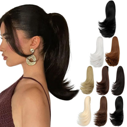 Picture of FELENDY Ponytail Extension Claw 14" Straight Clip in Hairpiece One Piece Flipped Long Pony Tails for Women Silver Gray