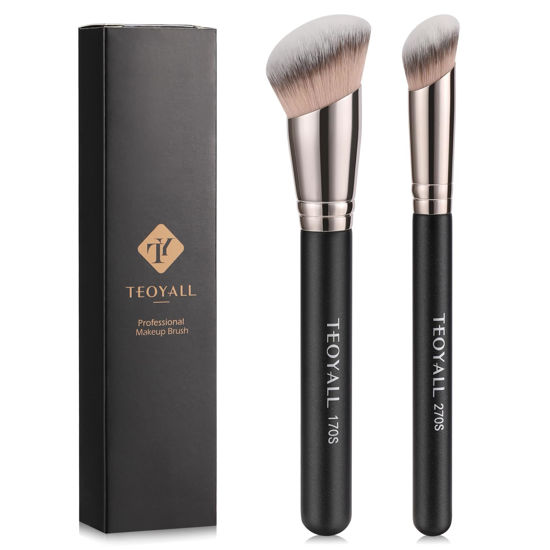 Picture of TEOYALL Foundation Contour Brush Set, 2PCS Angled Synthetic Kabuki Brush for Blending Setting Concealing Buffing with Liquid, Cream and Powder Cosmetic (170S/270S)