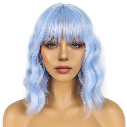 Picture of LANCAINI Short Bob Wigs with Bangs for Women Loose Wavy Wig Curly Wavy Shoulder Length Bob Synthetic Cosplay Wig for Girl Colorful Costume Wigs (Light Blue)