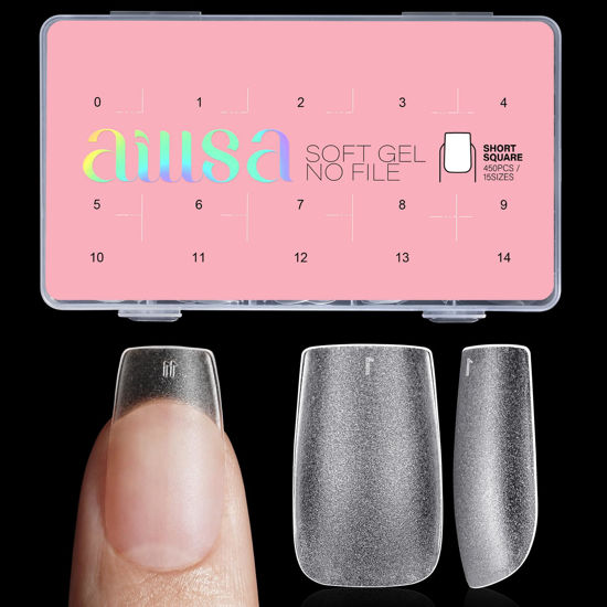 Picture of AILLSA Short Square Nail Tips 450PCS Soft gel Full Cover Nail Tips Matte Acrylic Upgraded No Need Files Press on Fake Nail Tips for False Nail Tips Extension Home DIY Nail Salon 15 Sizes
