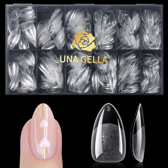 Picture of UNA GELLA Short Almond Gel Nail Tips, 600 Pcs Pre-Filed Short Nail Tips Almond Shape Half Matte Press On Nails 12 Sizes Full Cover Clear Fake Almond Nails for Nail Extension Home DIY Salon with Box