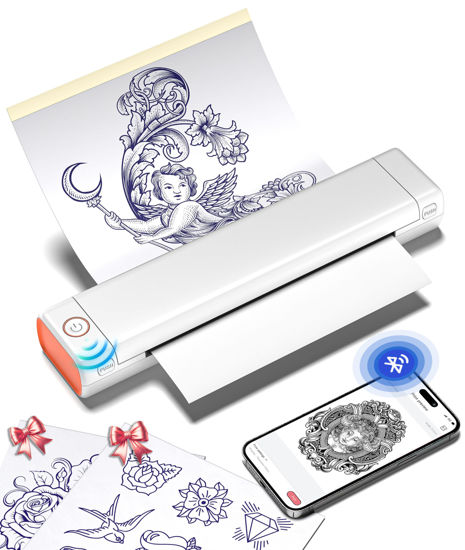 Picture of Phomemo M08F Wireless Tattoo Transfer Stencil Printer, Tattoo Transfer Thermal Copier Machine with 10pcs Tattoo Transfer Paper, Tattoo Printer Kit for Tattoo Artists, Compatible with Smartphone & Pc