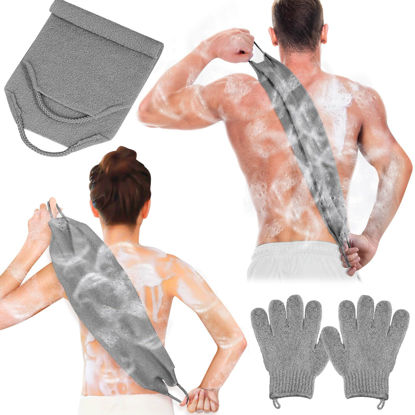 Picture of Anezus Exfoliating Back Scrubber Bath Gloves Set, Exfoliating Shower Towel with Shower Gloves for Body Scrub, Back Cleaner Wash Gloves to Remove Dead Skin (Grey)