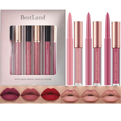 Picture of BestLand 6Pcs Matte Liquid Lipstick + Lip Liner Pens Set, One Step Lips Makeup Kits Pigment Velvety Nude Lip Stain Waterproof Long Wear Lip Gloss Make up Gift Set (Pure Romance Bundle)