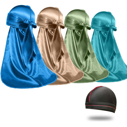 Picture of 4PCS Silky Durags for Men Women 360 Waves with 1 Wave Cap, Silky Satin Durag Extra Long Tails