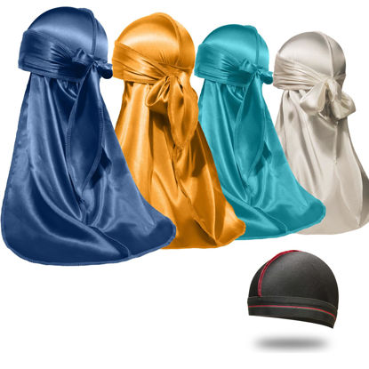 Picture of 4PCS Silky Durags for Men Women 360 Waves with 1 Wave Cap, Silky Satin Durag Extra Long Tails