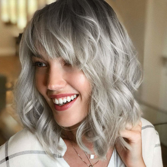 Picture of Rose bud Wavy Bob Wig with Bangs Natural Ombre Silver Wig Synthetic Hair Shoulder Length Short Hair Curly Wigs for Women