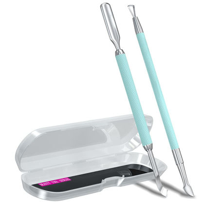 Picture of 2PCS Metal Teal Cyan Cuticle Pusher and Cutter Remover Salon Stainless Steel Gel Nail Polish Peeler Scraper Durable Professional Manicure Pedicure Cleaner Tool For Fingernail and Toenail