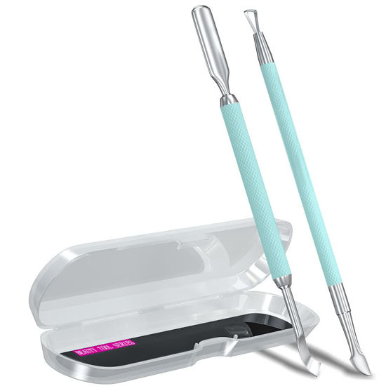 Picture of 2PCS Metal Teal Cyan Cuticle Pusher and Cutter Remover Salon Stainless Steel Gel Nail Polish Peeler Scraper Durable Professional Manicure Pedicure Cleaner Tool For Fingernail and Toenail
