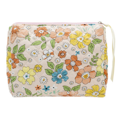 Picture of PAZIMIIK Cotton Makeup Bag for Women Large Quilted Travel Cosmetic Pouch Girls' Make Up Organizer,Floral Orange