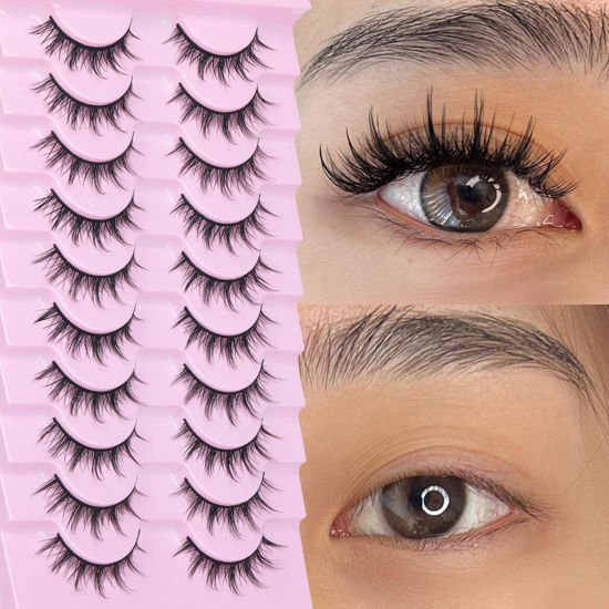 Picture of FANXITON Manga Lashes Wispy Natural Look Fluffy Faux Eyelashes 10 Pairs Asian 3D False Eyelashes 14 mm Cat Eye Lashes Pack