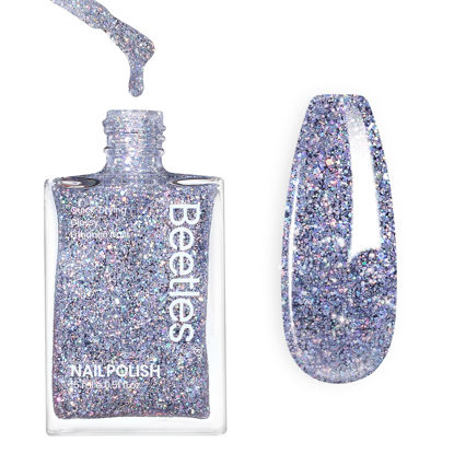 Picture of Beetles Silver Glitter Nail Polish, 1Pcs 15ml Silver Color Sparkle Nail Polish Quick Dry, Holographic Nail Lacquer Art Effect for Nail Salon DIY at Home, Nail Art Design for Women