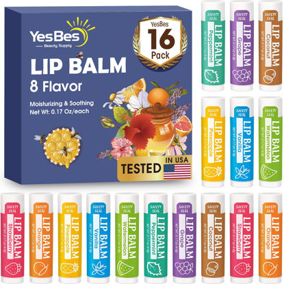 Picture of YesBes 16 Pack Lip Balm, Natural Lip Balm Bulk with Vitamin E and Coconut Oil, Moisturizing Lip Balm for Dry Cracked Lips, Lip Balm for Stocking Stuffers - 8 Flavors