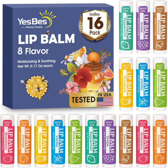 Picture of YesBes 16 Pack Lip Balm, Natural Lip Balm Bulk with Vitamin E and Coconut Oil, Moisturizing Lip Balm for Dry Cracked Lips, Lip Balm for Stocking Stuffers - 8 Flavors