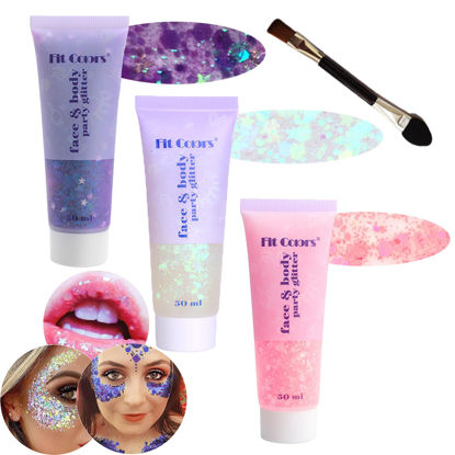 Picture of Body Glitter Face Glitter Gel: Singer Concerts Disco Festival Rave Accessories Face Glitter Makeup 150ml Chunky Sequins Mermaid Face Body Hair Glitter Gel (Purple&White&Light Pink)