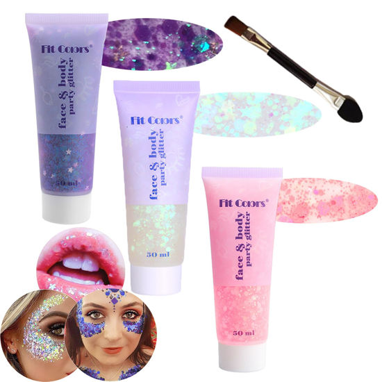 Picture of Body Glitter Face Glitter Gel: Singer Concerts Disco Festival Rave Accessories Face Glitter Makeup 150ml Chunky Sequins Mermaid Face Body Hair Glitter Gel (Purple&White&Light Pink)