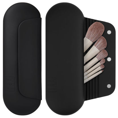 Picture of AGIKET Silicone Makeup Brush Holder Travel Cosmetic Bag：Soft Portable Cosmetic Face Brushes Holder with Upgrade Anti-Fall Out Magnetic Closure, Large Travel Makeup Brush Case - Black