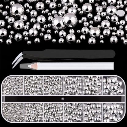 Picture of Belleboost Flat Back Pearls Kits, Flatback Silver Half Round Pearls with Pickup Pencil and Tweezer for Crafting Home DIY and Professional Nail Art, Face Makeup and Craft