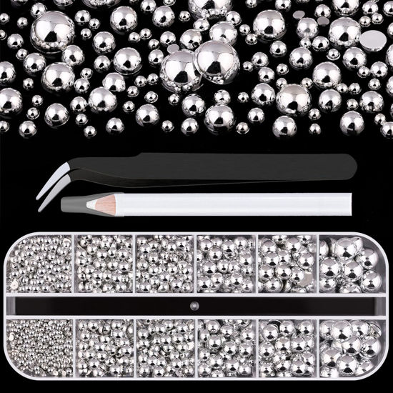 Picture of Belleboost Flat Back Pearls Kits, Flatback Silver Half Round Pearls with Pickup Pencil and Tweezer for Crafting Home DIY and Professional Nail Art, Face Makeup and Craft