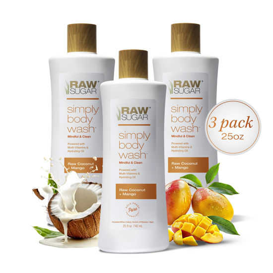 Picture of RAW SUGAR Simply Body Wash - Raw Coconut + Mango, Moisturizing & Soothing Bath & Shower Gel, Sulfate-Free, Paraben-Free & Vegan (Pack of 3)