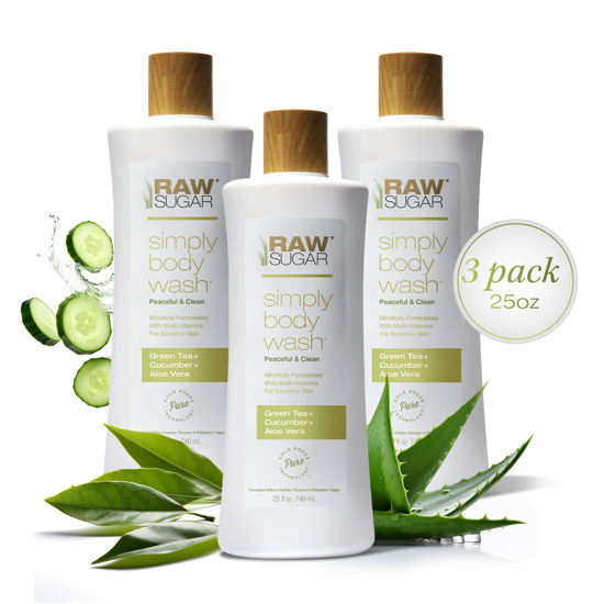 Picture of RAW SUGAR Sensitive Skin Simply Body Wash - Green Tea + Cucumber + Aloe Vera, Moisturizing & Brightening Bath & Shower Gel, Sulfate-Free, Paraben-Free & Vegan (Pack of 3)