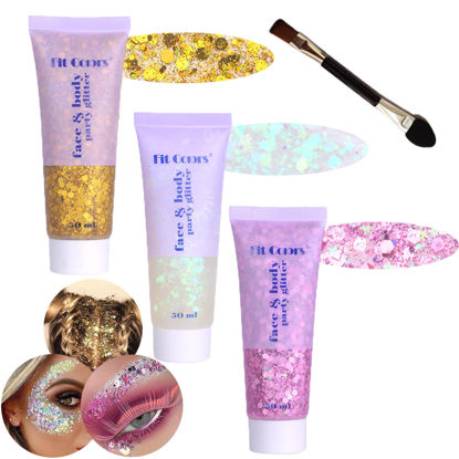 Picture of Body Glitter Face Glitter Gel: Singer Concerts Disco Festival Rave Accessories Face Glitter Makeup 150ml Chunky Sequins Mermaid Face Body Hair Glitter Gel (White&Pink&Gold)