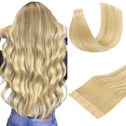Picture of DOORES Hair Extensions Tape in, Drity Blonde Mixed Platinum Blonde 20pcs 50g 14 Inch, Tape in Hair Extensions Real Human Hair Seamless Straight Hair Extensions