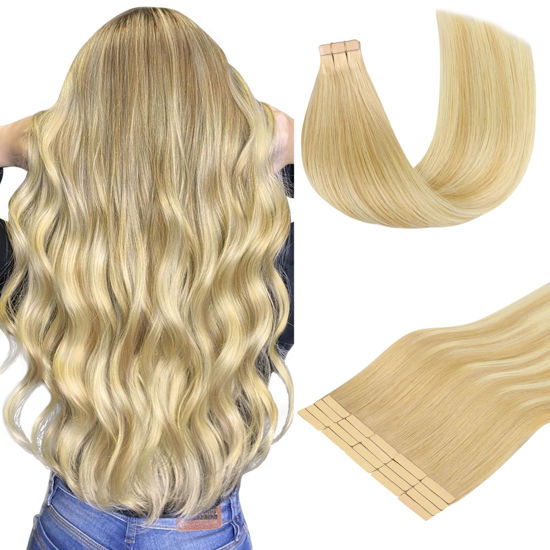Picture of DOORES Hair Extensions Tape in, Drity Blonde Mixed Platinum Blonde 20pcs 50g 14 Inch, Tape in Hair Extensions Real Human Hair Seamless Straight Hair Extensions
