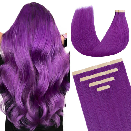 Picture of DOORES Hair Extensions Real Human Hair, Purple 22 Inch 30g 10pcs, Tape in Hair Extensions Real Human Hair Seamless Straight Remy Hair Extensions Tape ins