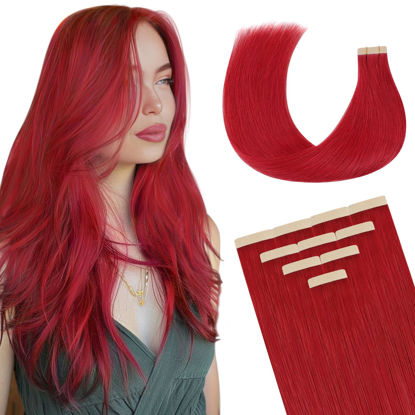 Picture of DOORES Tape in Hair Extensions Human Hair, Red Tape in Hair Extensions 18 Inch 10pcs 25g, Human Hair Extensions Tape in Skin Weft Remy Hair Extensions