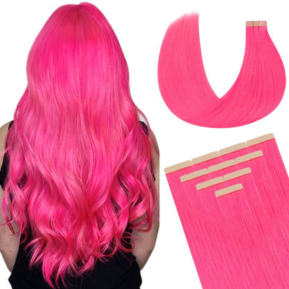 Picture of DOORES Hair Extensions Real Human Hair, Hot Pink 20 Inch 30g 10pcs, Tape in Remy Hair Extensions Straight Natural Hair for Women Skin Weft Hair Extensions